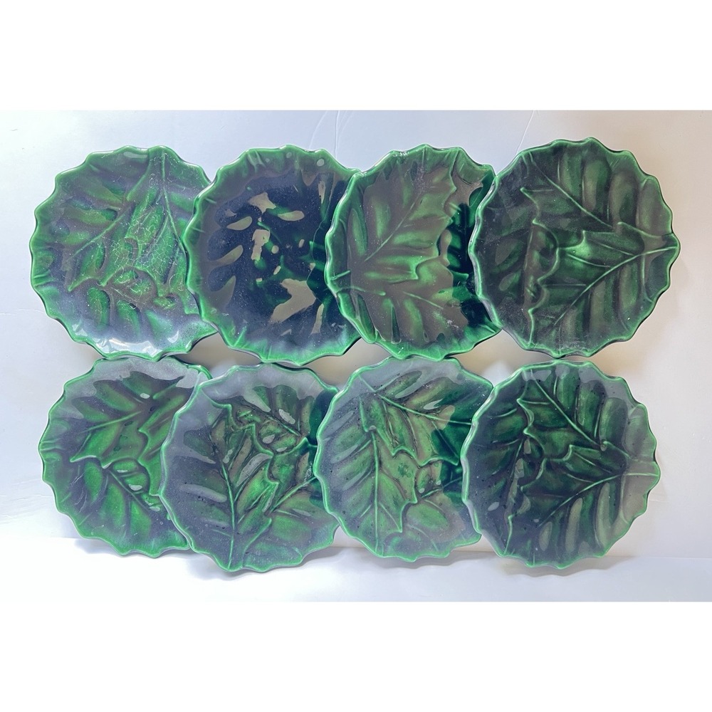 Antique Majolica Green Leaf Plates Set of 8 Scalloped Victorian Art Pottery